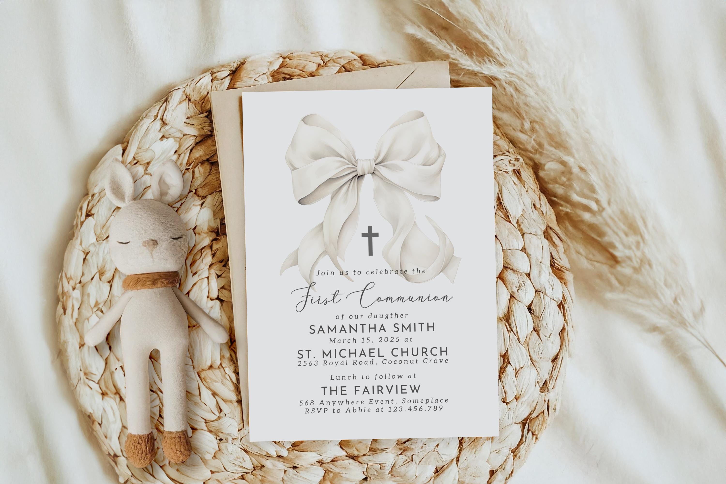 First Holy Communion Invitation Template Gender Neutral Bow Coquette ...