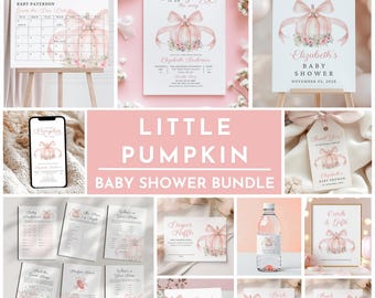 Invito per baby shower con zucca rosa, fiocco rosa per bambina, cartello di benvenuto autunnale, invito digitale, modelli di giochi per baby shower con zucca rosa floreale