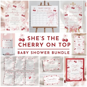 Rosa Schleife Kirsch Babypartyeinladung Bundle Kirsche auf die Oberseite Laden Set druckbare elegante Kokette Beeren Mädchen-Babyparty bearbeitbare Vorlage ein