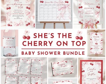 Pink Bow Cherry Baby Shower Invitation Bundle Cherry on top Invite Set Printable Elegant Coquette Berries Girl Baby Shower Editable Template