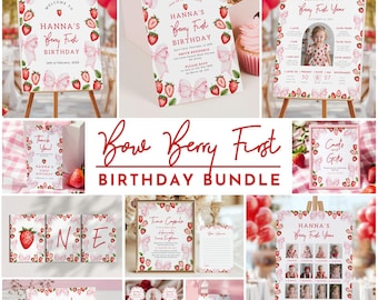 Berry First Birthday Bundle Pink Bow Coquette Girl 1st Birthday Bundle Strawberry Decor Cute Ribbon 1st Birthday Set Instant Download Canva