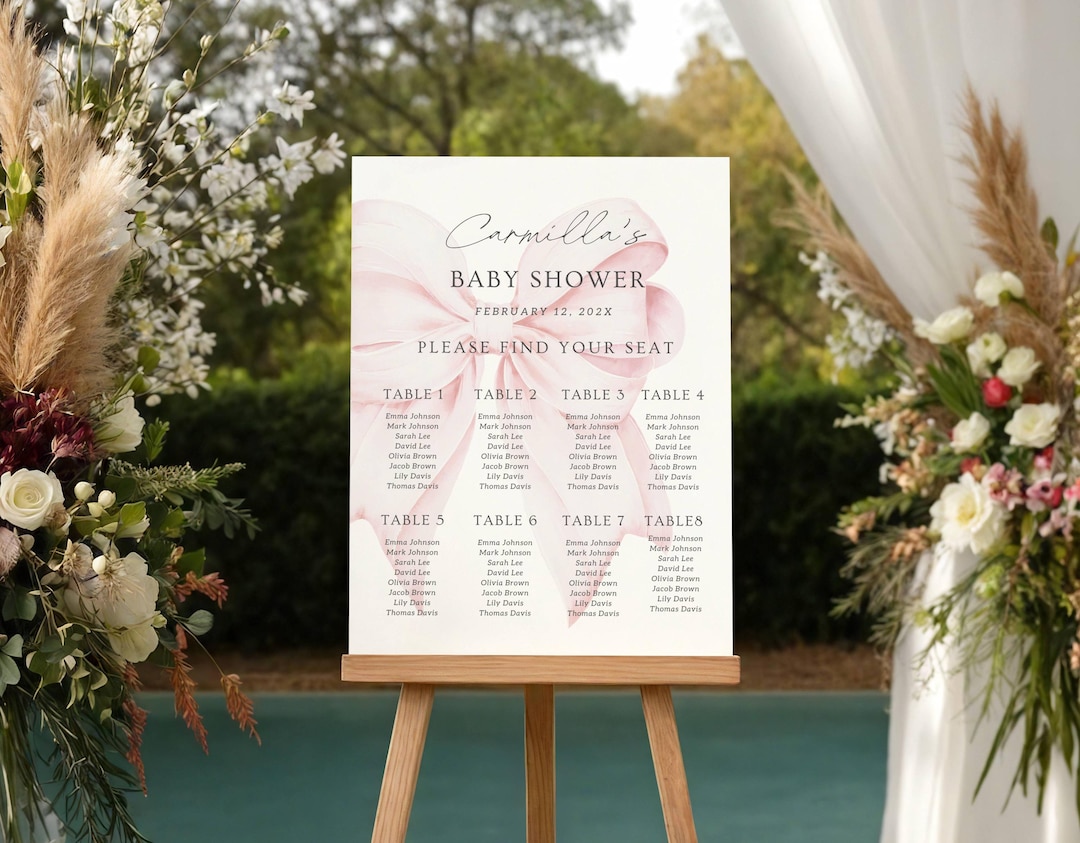 Pink Bow Baby Shower Seating Chart Canva Template: Ribbon Pink Coquette ...