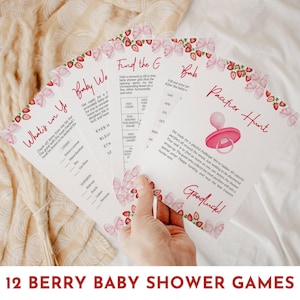 12 Sweet Berry Baby Shower Games Bundle Template Strawberry Baby Shower Games Pink Bow Baby Shower Games Strawberry Sweet Baby Shower Games