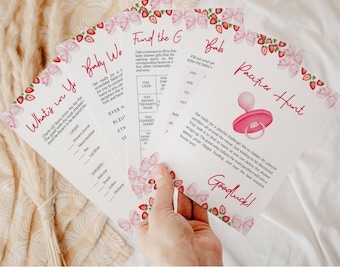 12 Sweet Berry Baby Shower Games Bundle Template Strawberry Baby Shower Games Pink Bow Baby Shower Games Strawberry Sweet Baby Shower Games