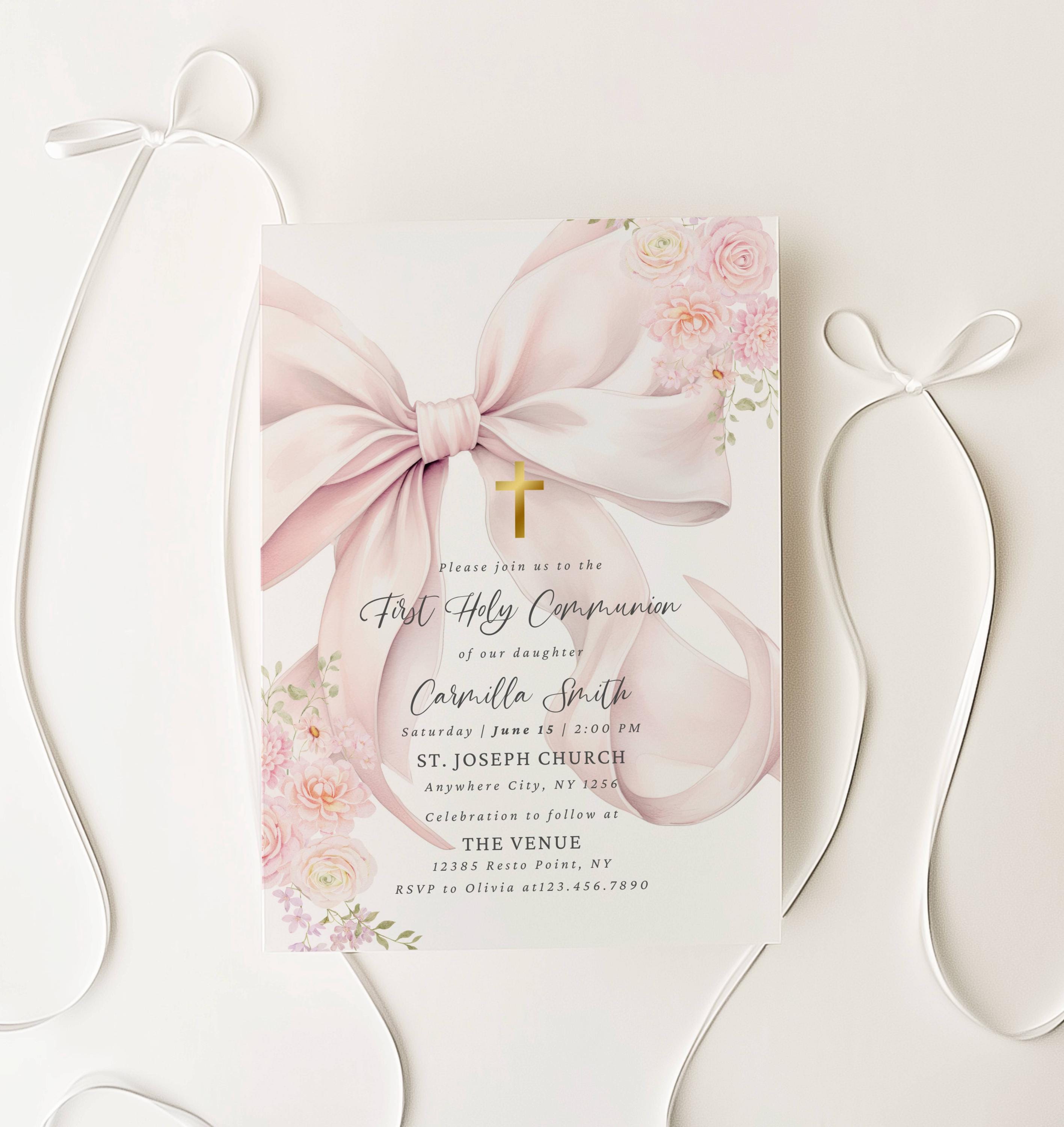 Editable Pink Bow First Holy Communion Invitation Template Watercolor ...