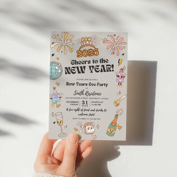 Editable Retro 2026 New Year's Eve Party Invitation Canva Template Cheers to the New Year Card Invite Printable New Years Cocktails Party