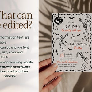 May include: A Halloween party invitation with a black and white design. The invitation features skeletons, bats, and a disco ball. The text reads "We are dying to party with you" and includes event details. The invitation is editable on Canva.