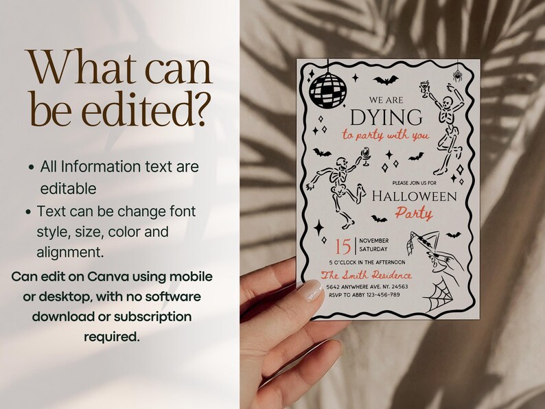 May include: A Halloween party invitation with a black and white design. The invitation features skeletons, bats, and a disco ball. The text reads "We are dying to party with you" and includes event details. The invitation is editable on Canva.
