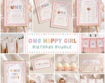 One Happy Girl Birthday Decor Bundle Whimsical First Birthday Party Decorations Pastel 1st Birthday Signs Printable Editable Canva Templates