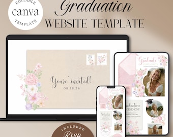 Plantilla web para invitación a fiesta de graduación con temática floral rosa y confirmación de asistencia / Tarjeta fotográfica editable para la promoción de 2026 (descarga digital)