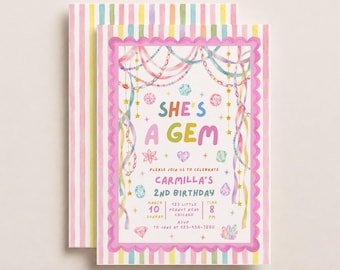 She’s a Gem Birthday Invitation, Whimsical Gemstone Girl Birthday Party Invite, Colorful Pastel Jewel Party, Editable Canva Digital Template
