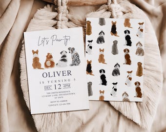 May include: A white invitation card with a blue and white paw print design. The text on the card reads "Let's Paw-ty!" and "Oliver is turning 5". The date and time of the party are listed as "Dec 12 4PM". The invitation also includes the address and contact information for the party.