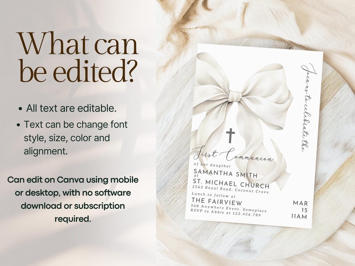 First Communion Invitation Template White Bow First Holy Communion ...