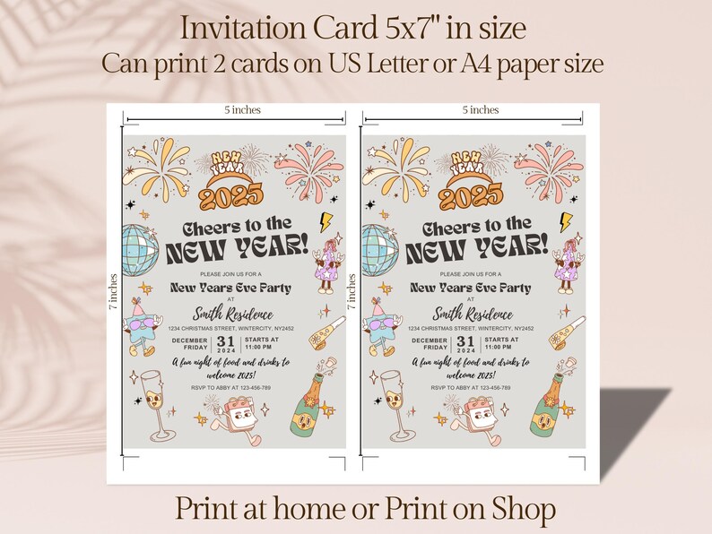 May include: New Year's Eve party invitation card, 5x7 inches in size, with a retro design. The invitation features fireworks, champagne, and the text "Cheers to the New Year!" and "2025". The card is 5 inches wide and 7 inches tall.