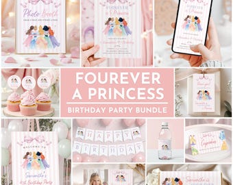 Paquete de plantillas de invitación de cumpleaños de princesa para toda la vida, con diseño de acuarela, ideal para una fiesta de disfraces de princesa. Invitación editable en Canva.