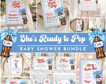 May include: A baby shower bundle with a "She's Ready to Pop" theme. Includes invitations, signs, and decorations featuring a cola bottle with a blue bow. The bundle has a vintage, retro style.
