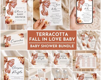 Falling in Love Baby Shower Bundle | Gender Neutral Baby Shower Terracotta Floral Bow Baby Shower Decor Sign Editable Canva Digital Download