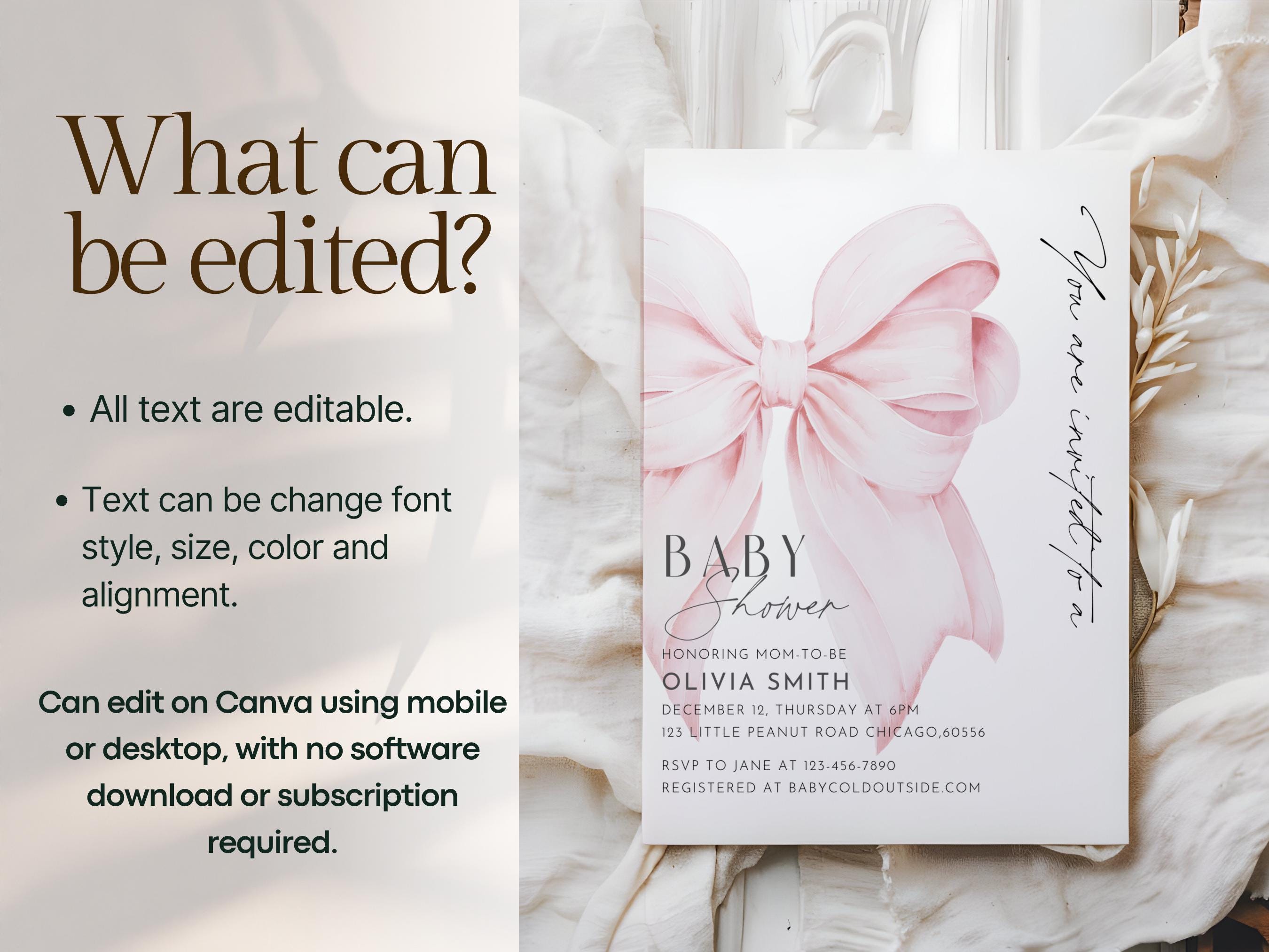 Pink Bow Baby Shower Invitation Template Printable Baby Girl Pink ...
