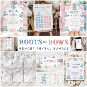 May include: A collection of gender reveal party supplies with a "Boots or Bows" theme. The bundle includes invitations, signs, game cards, cupcake toppers, and stickers. The color scheme is soft pink and blue with watercolor cowboy boots and bows.