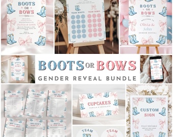Boots or Bows Gender Reveal BUNDLE  Editable Pink and Blue Western Theme Digital Bundle Boy or Girl What Will Be He or She Gender Reveal Set