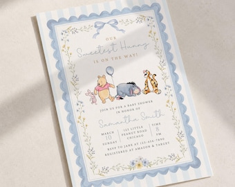 Winnie the Pooh Little Hunny Baby Shower Invitation | Floral Blue Bow Coquette Girl Honey Invite Editable Canva Template (Digital Download)
