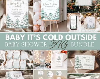 May include: A collection of baby shower stationery with a winter theme. The bundle includes invitations, a welcome sign, games, cupcake toppers, and thank you cards. The design features watercolor illustrations of snow-covered pine trees and a snowman.