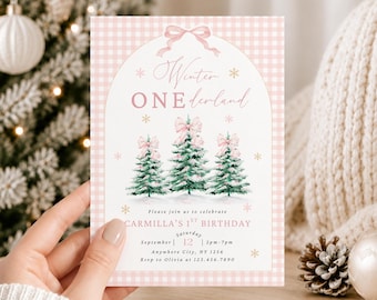 Winter Onederland First Birthday Invitation | Girl 1st Birthday Invite Editable Canva Template (Digital Download)