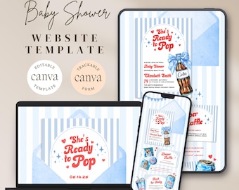 Plantilla web para baby shower "She's Ready To Pop" con confirmación de asistencia / Fiesta de refrescos con lazo azul, rayas azules, cola vintage, niño/niña / Plantilla editable de Canva