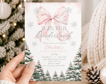 Pink Bow Winter Onederland First Birthday Invitation Girl Pink Silver Snowflake 1st Birthday Snowy Pine Tree First Christmas Birthday Invite