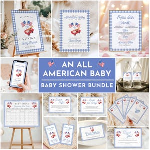 May include: An All American Baby Shower Bundle featuring invitations, menu cards, and thank you cards. The designs include a red wagon, American flags, and a blue gingham pattern. The bundle includes a welcome sign, calendar, and cupcake cards.