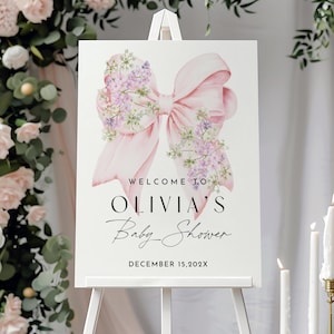 Baby In Bloom Sign, Pink Bow Baby Shower Welcome sign, Wildflower Welcome sign, Elegant Floral Coquette Welcome Sign Blush Pink Bow Welcome