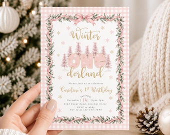 Winter Onederland First Birthday Invitation | Pink Bow Christmas Girl 1st Birthday Invite Editable Canva Template (Digital Download)