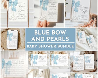 May include: A baby shower bundle featuring a light blue bow and pearl design. The bundle includes invitations, signs, tags, and a calendar. The text includes "Welcome to Olivia & John", "Diaper Raffle", and "Thank You!"