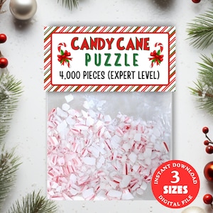 Puede incluir: Una bolsa transparente llena de caramelos de bastón de azúcar rojos y blancos triturados. La etiqueta dice "CANDY CANE PUZZLE 4,000 PIECES (EXPERT LEVEL)". Un círculo rojo con "INSTANT DOWNLOAD 3 SIZES DIGITAL FILE" está en la esquina inferior derecha.