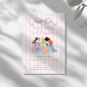 Princess 4th Birthday Invitation – Four Ever A Princess Birthday Invitation Pink Royal Dresses Watercolor Theme Party (Editable Template) image 9