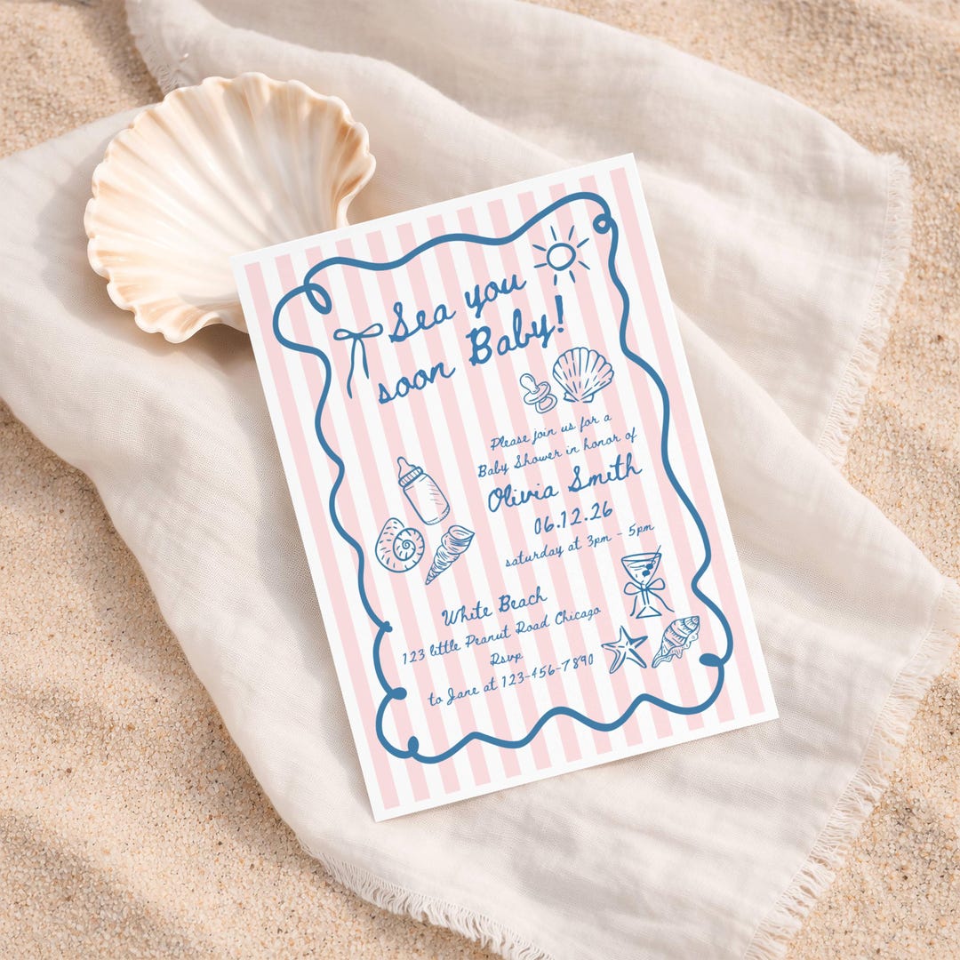 Sea You Soon Baby Shower Invite Pink and Blue Seashell Coastal Theme ...