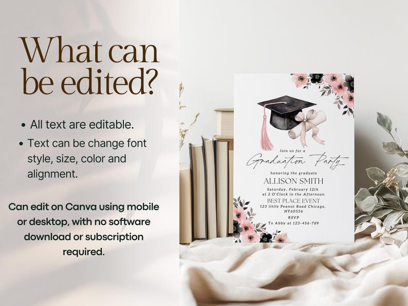 Puede incluir: Una invitaci&oacute;n a una fiesta de graduaci&oacute;n rosa y negra con un dise&ntilde;o floral de acuarela y una gorra de graduaci&oacute;n negra. El texto de la invitaci&oacute;n dice "&Uacute;nete a nosotros para una fiesta de graduaci&oacute;n en honor a la graduada Allison Smith S&aacute;bado, 12 de febrero a las 2:00 PM BEST PLACE EVENT 123 Little Peanut Road Chicago, NY60556 RSVP A Abby al 123-456-789"