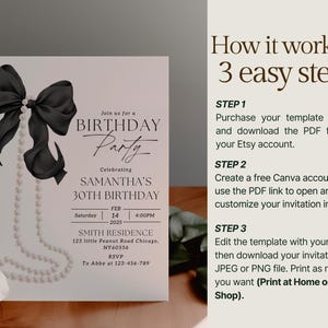 May include: A printable birthday party invitation template featuring a black bow with a pearl necklace on a pink background. The text reads "Join us for a Birthday Party Celebrating Samantha's 30th Birthday" with the date and time of the party. The invitation also includes the address and RSVP information.