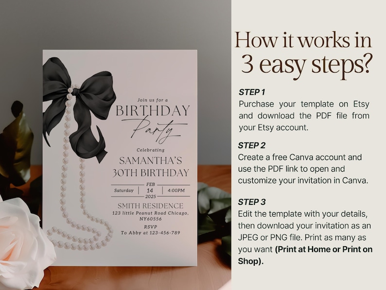 May include: A printable birthday party invitation template featuring a black bow with a pearl necklace on a pink background. The text reads "Join us for a Birthday Party Celebrating Samantha's 30th Birthday" with the date and time of the party. The invitation also includes the address and RSVP information.