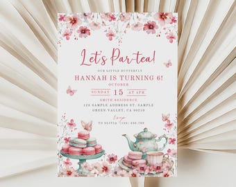 Bewerkbare Tea Party verjaardagsuitnodiging meisje par-thee uitnodigen bloemen roze gouden theekopje tuinfeest theekopje uitnodiging Instant Download afdrukbare