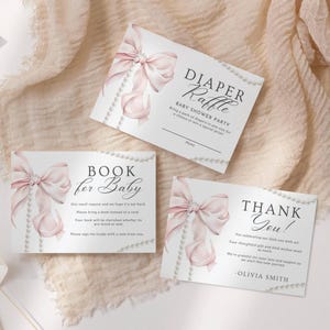 Tarjeta de baby shower con lazo rosa, libros para rifa de pañales para bebé, tarjeta de agradecimiento para baby shower de niña, plantilla editable, baby shower con lazo rosa y perlas