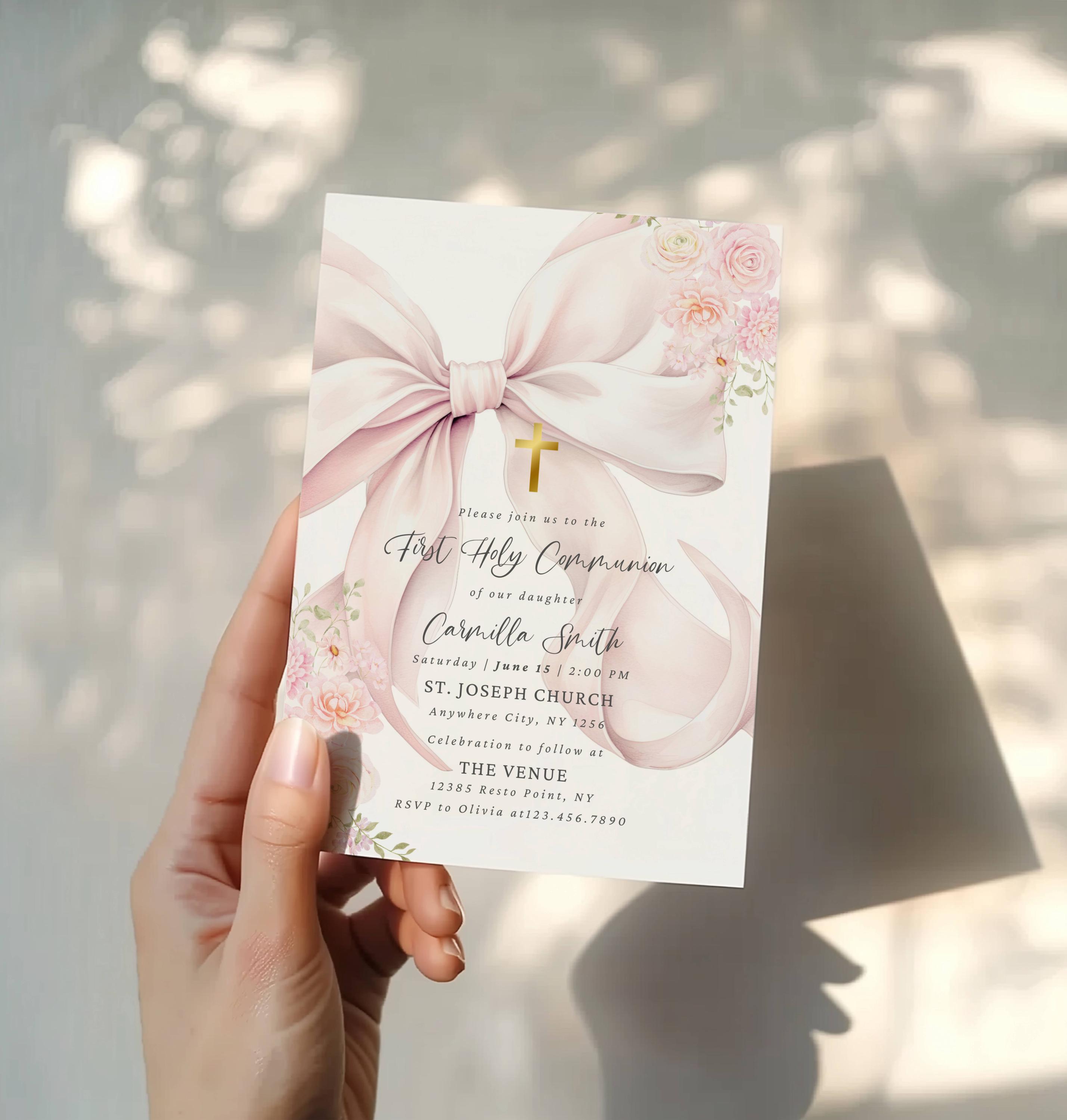 Editable Pink Bow First Holy Communion Invitation Template Watercolor ...