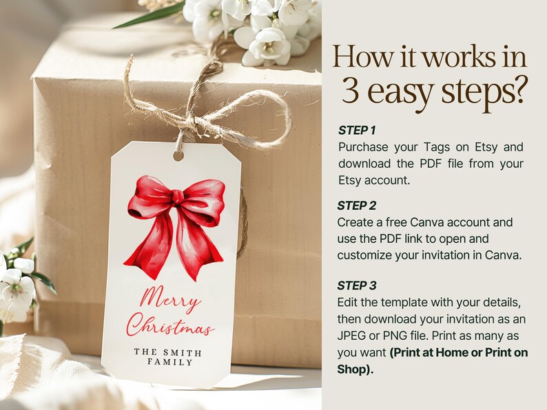 Red Bow Christmas Gift Tag Canva Template, Watercolor Red Bow Christmas ...