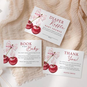 Roze strik kersen babyshower kaart luier loterij, boek voor baby, bedankkaart She is the Cherry on Top babyshower coquette lint babymeisje