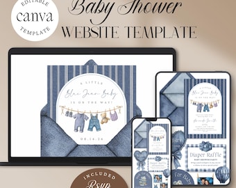 Plantilla de sitio web para baby shower con diseño de jeans azules y confirmación de asistencia / Invitación digital editable para sitio web con diseño de tendedero vaquero estilo western (descarga instantánea)