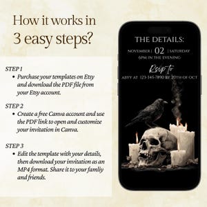 May include: A smartphone displays a gothic-themed invitation design. The black background features a skull, raven, and candles. Text includes event details and RSVP information. Instructions for template use are also shown.