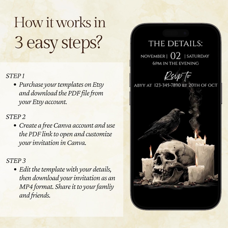 May include: A smartphone displays a gothic-themed invitation design. The black background features a skull, raven, and candles. Text includes event details and RSVP information. Instructions for template use are also shown.