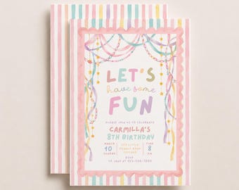 Colorful Whimsical Fun Girl Birthday Invitation, Pastel Birthday Invite, Girly Striped Party, Any Age, Editable Template (Digital Download).