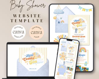 Plantilla de sitio web para baby shower "Here Comes The Son" con invitación digital con tema Sunshine y confirmación de asistencia. Plantilla editable de Canva.