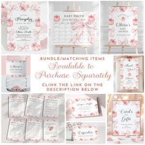 May include: A collection of baby shower stationery featuring watercolor pink pumpkins and bows. Items include invitations, a due date calendar, welcome signs, water bottle labels, favor tags, game cards, a diaper raffle card, and a food sign.